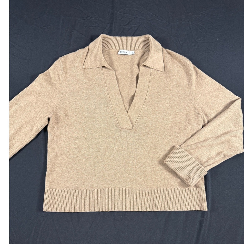 Simkhai Tan Cotton Cashmere Blend V-Neck Polo Sweater Womens Size Medium‎
